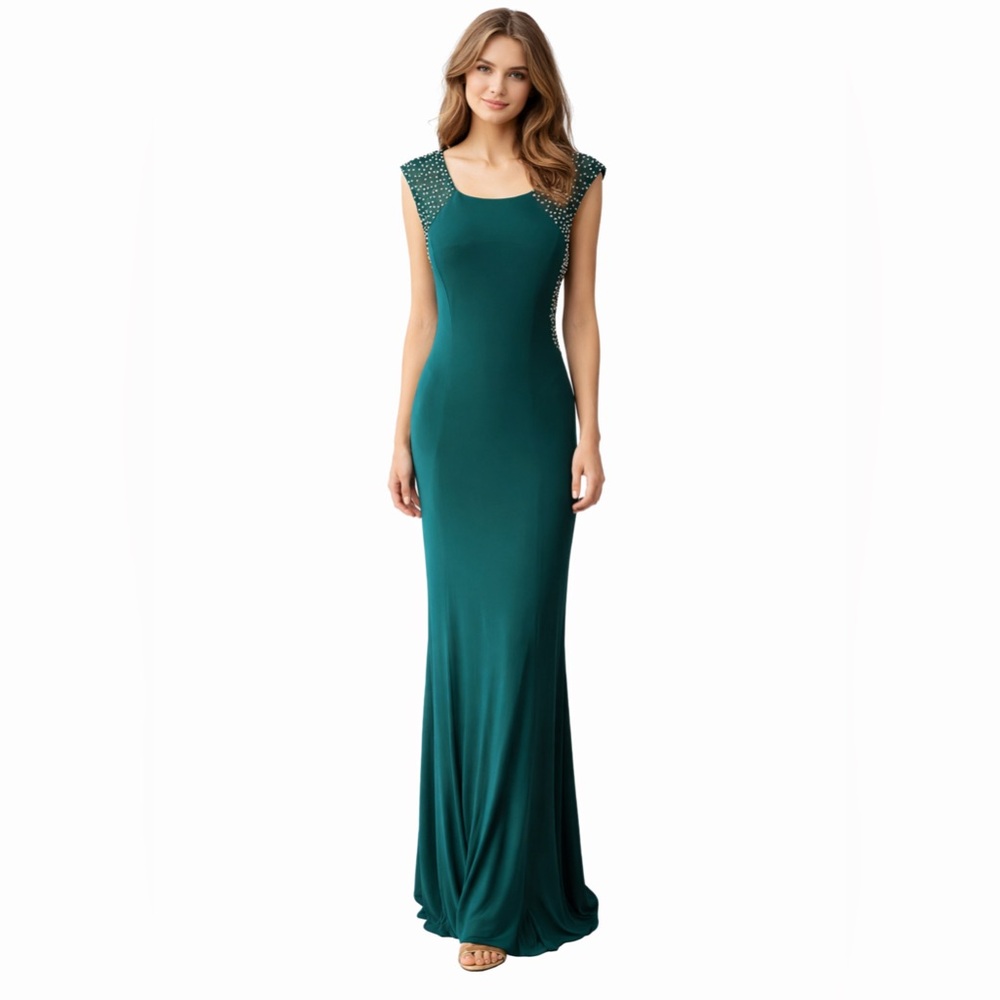 Jackie Jon Dress Emerald Green Silver 8 Stud Stretch Maxi Formal Party Event
